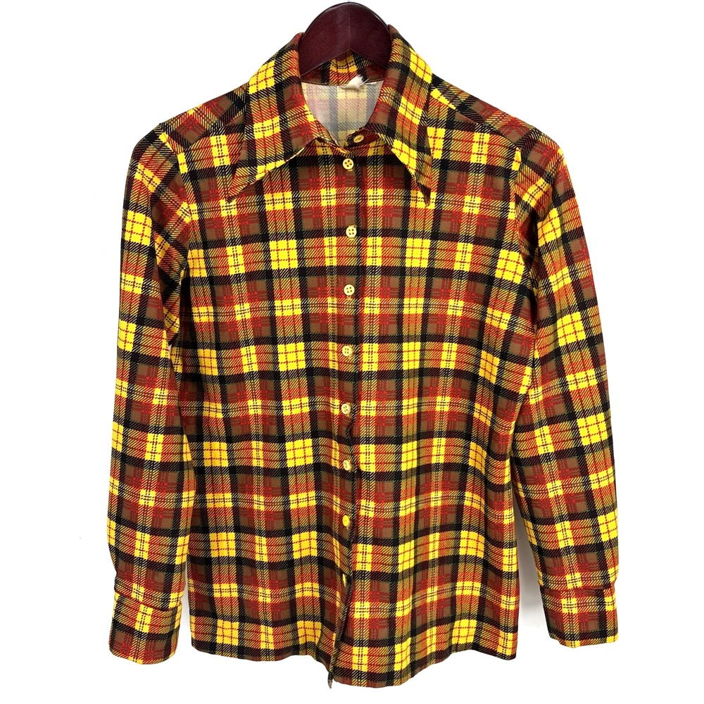 Vintage 70's Retro Plaid Dagger Collar Button Down Blouse Top Yellow Red Multi M
